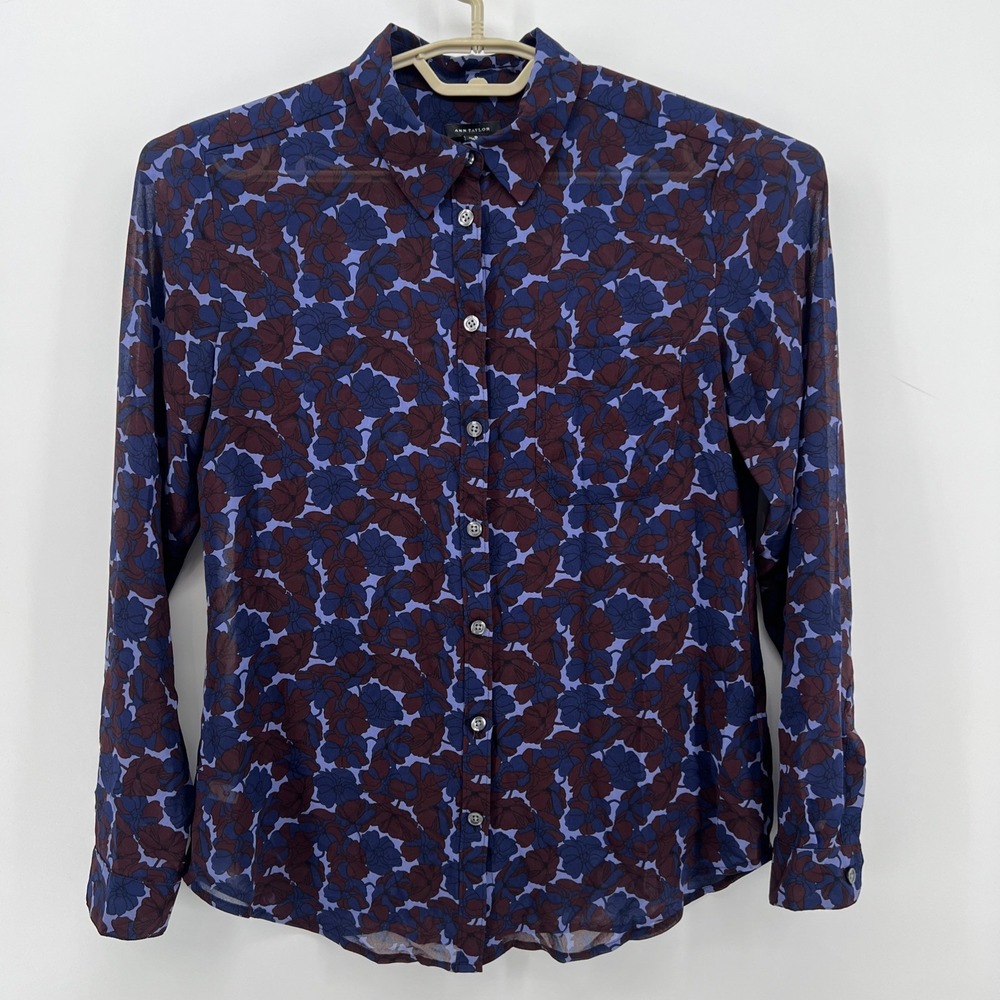 Ann Taylor Womens Size 8 Blue Floral Sheer Long Sleeve Blouse Button Top